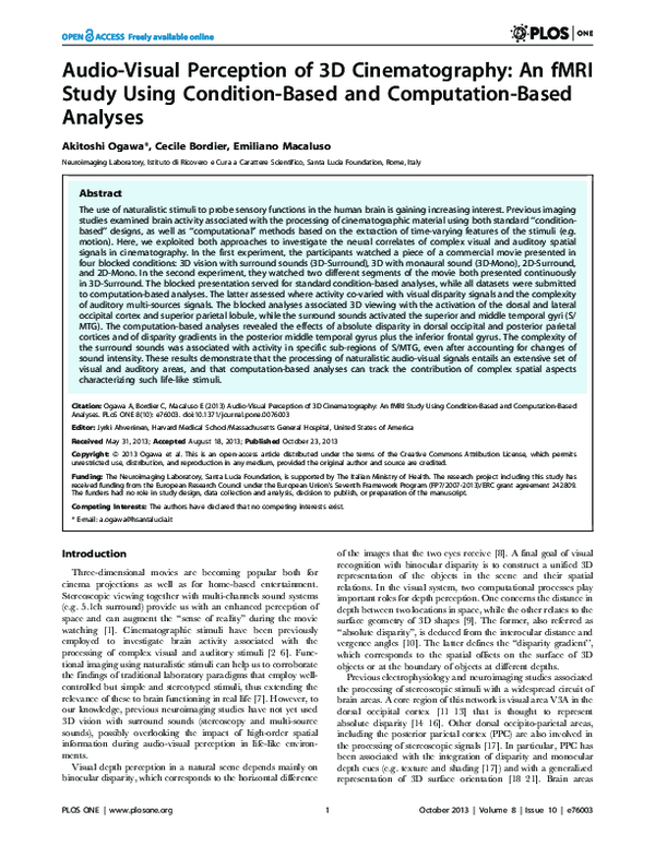 (PDF) Audio-visual perception of 3D cinematography: an fMRI study using ...