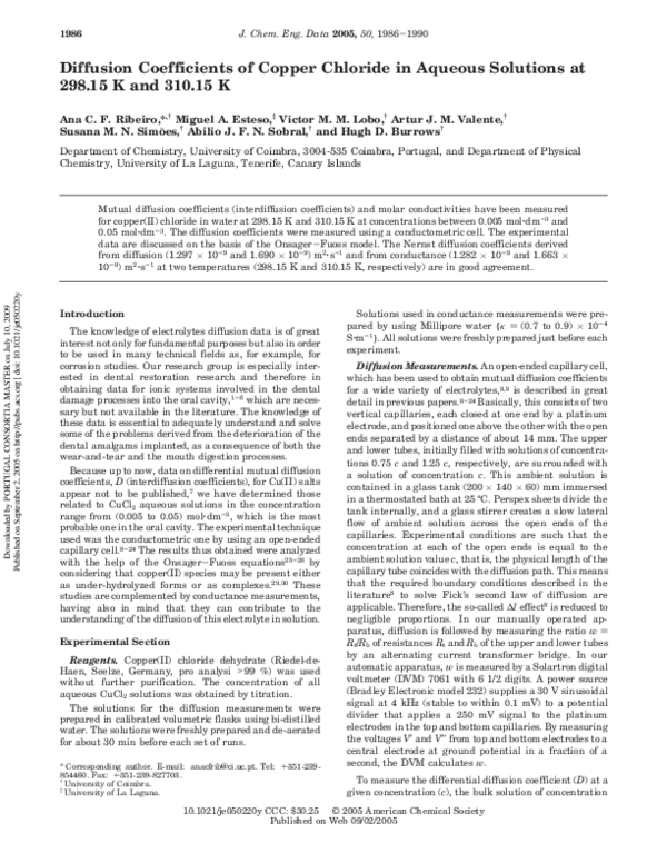 (PDF) Diffusion Coefficients of Copper Chloride in Aqueous Solutions at