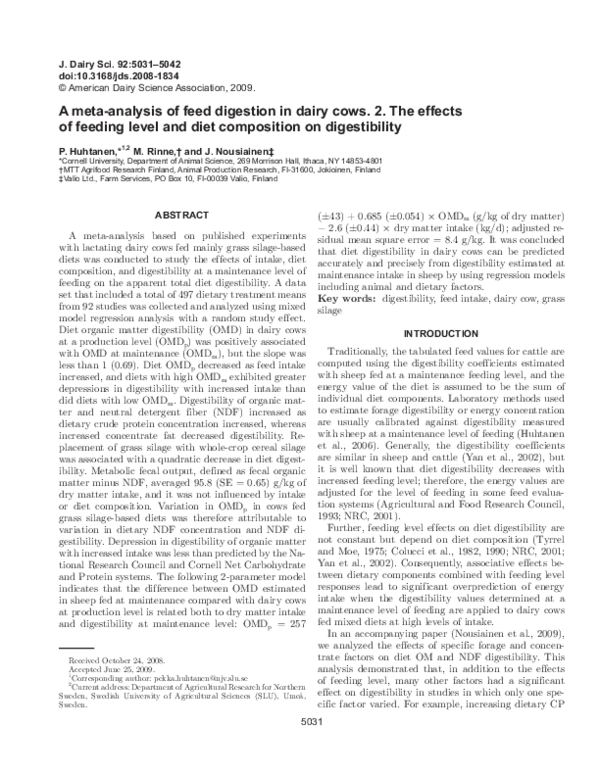 (PDF) A meta-analysis of feed digestion in dairy cows. 2. The effects ...