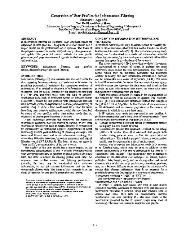 (PDF) Generation of user profiles for information filtering ...