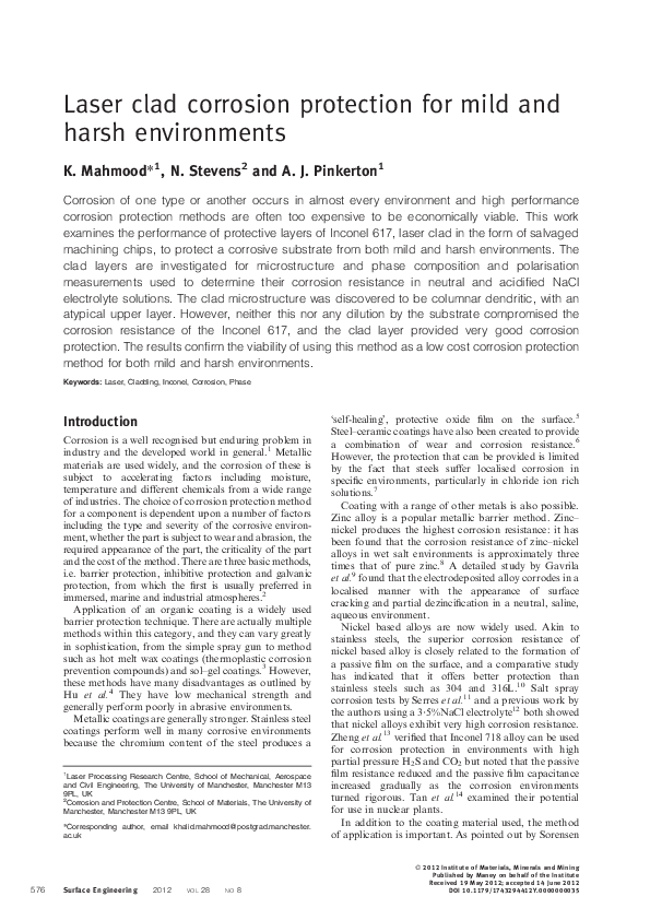 (PDF) Laser clad corrosion protection for mild and harsh environments