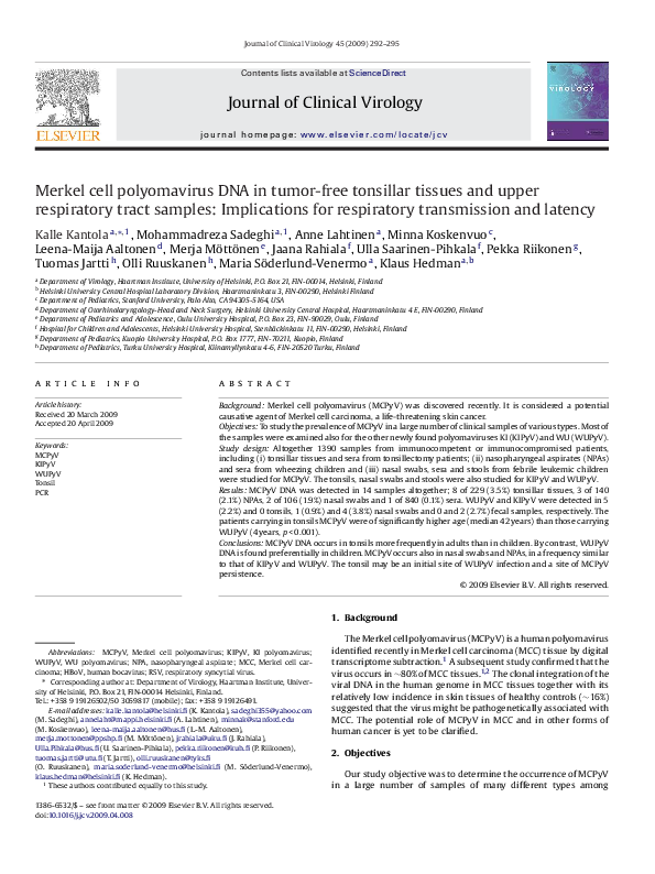 (PDF) Merkel cell polyomavirus DNA in tumor-free tonsillar tissues and ...