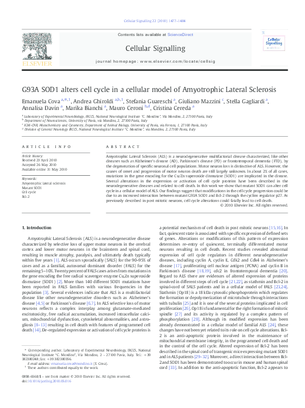 (PDF) G93A SOD1 alters cell cycle in a cellular model of Amyotrophic ...