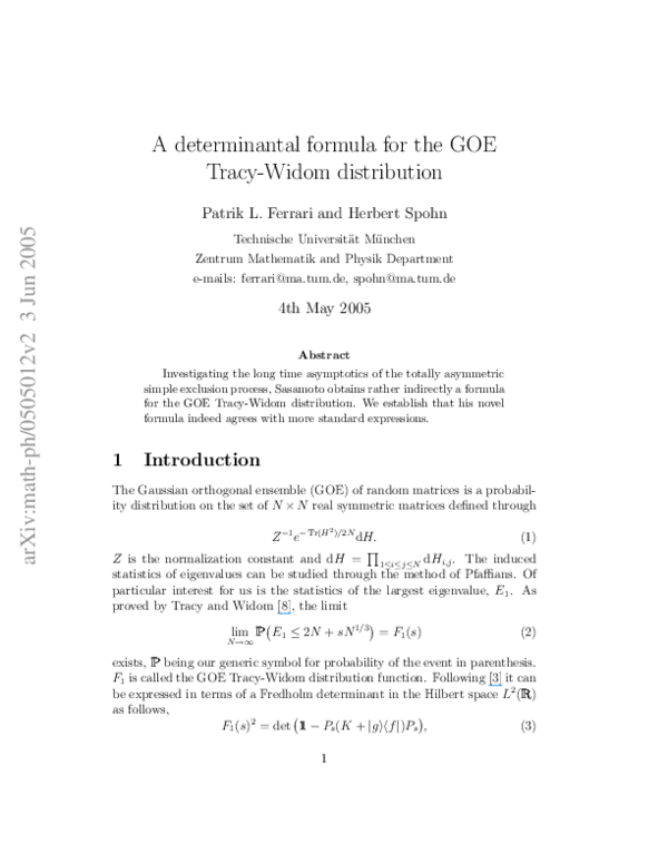 (PDF) A determinantal formula for the GOE Tracy–Widom distribution