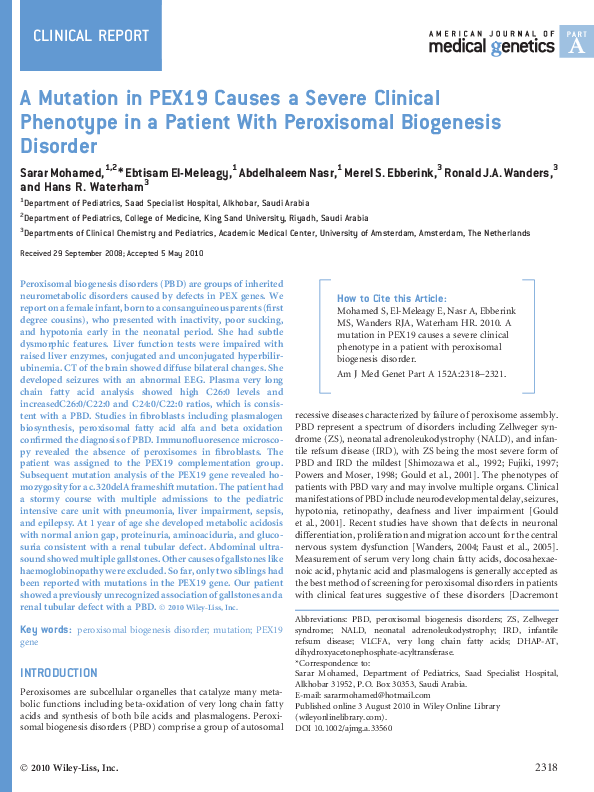 (PDF) A mutation in PEX19 causes a severe clinical phenotype in a ...