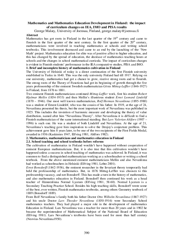 (PDF) Mathematics and Mathematics Education Development in Finland the impact of curriculum