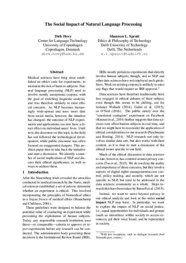 (PDF) The Social Impact of Natural Language Processing