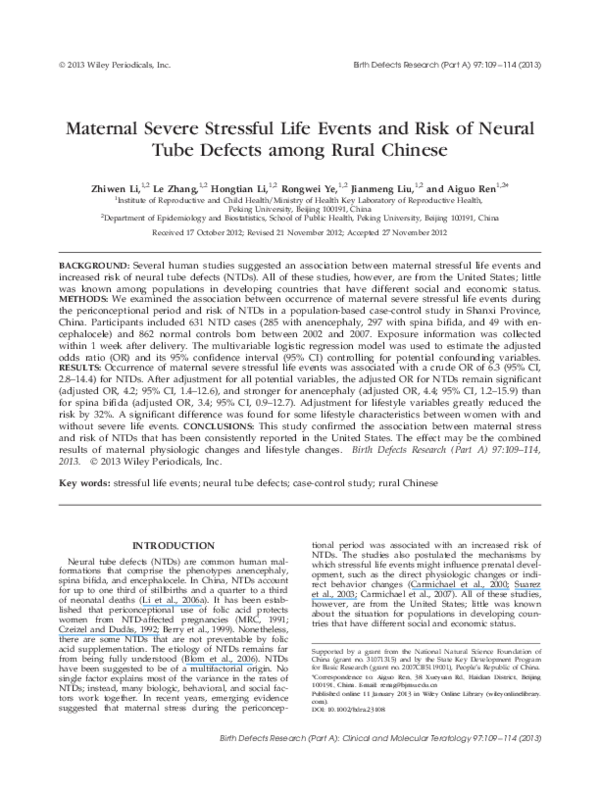 (PDF) Maternal severe stressful life events and risk of neural tube ...