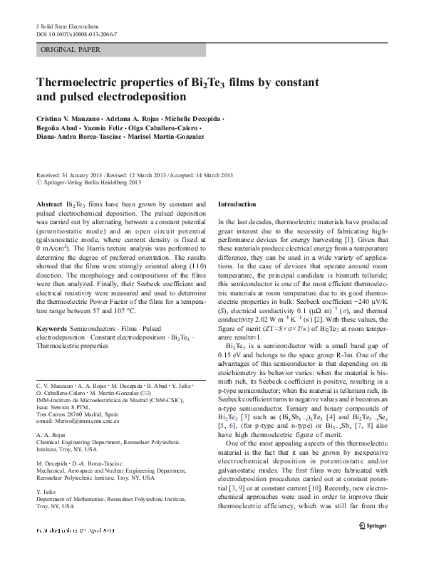 (PDF) Thermoelectric properties of Bi2Te3 films by constant and pulsed ...