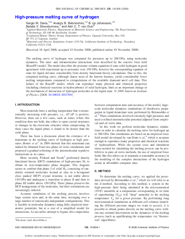 (PDF) High-pressure melting curve of hydrogen