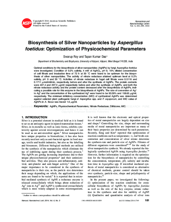 (PDF) Biosynthesis of Silver Nanoparticles by Aspergillus foetidus ...
