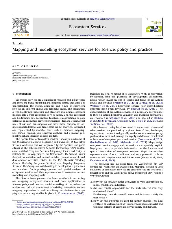 (PDF) Mapping and modelling ecosystem services for science, policy and ...