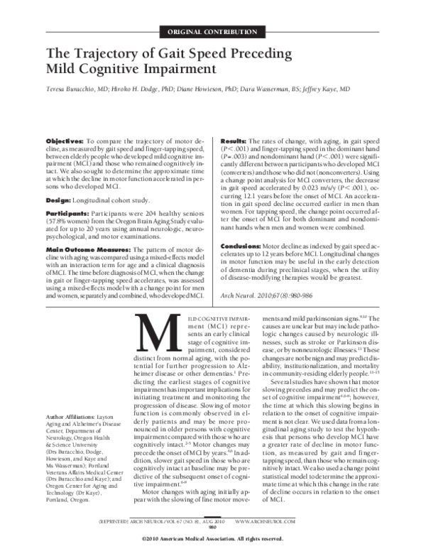 (PDF) The Trajectory of Gait Speed Preceding Mild Cognitive Impairment
