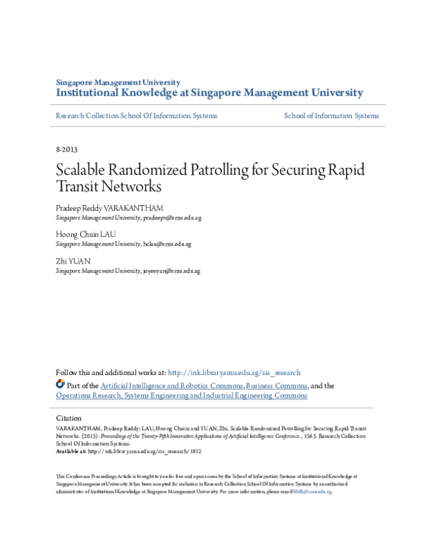 (PDF) Scalable Randomized Patrolling for Securing Rapid Transit Networks