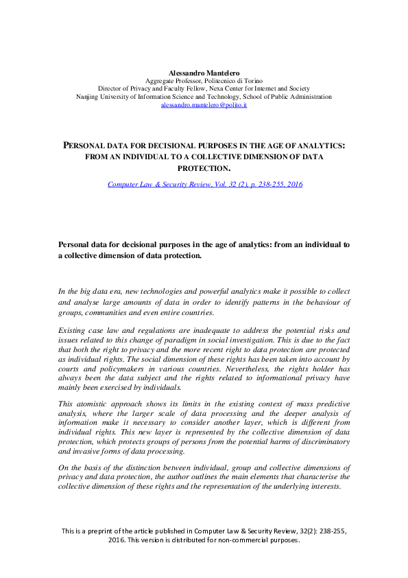 (PDF) Personal data for decisional purposes in the age of analytics ...