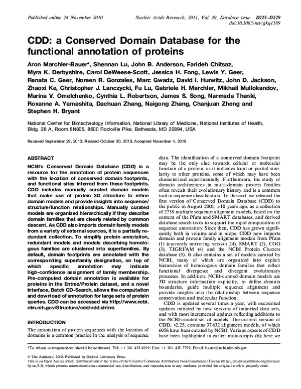 (PDF) CDD: a Conserved Domain Database for the functional annotation of ...