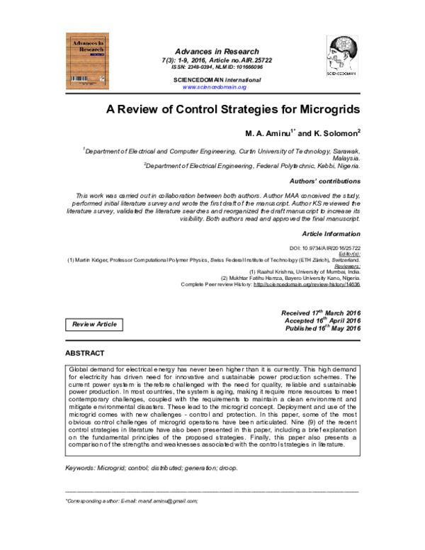 (PDF) A Review of Control Strategies for Microgrids