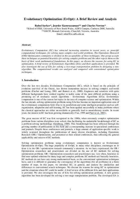 (PDF) EVOLUTIONARY OPTIMIZATION (EvOpt): A BRIEF REVIEW AND ANALYSIS