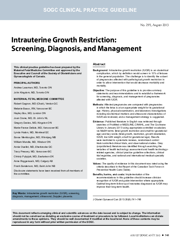 (PDF) Intrauterine growth restriction screening, diagnosis, and