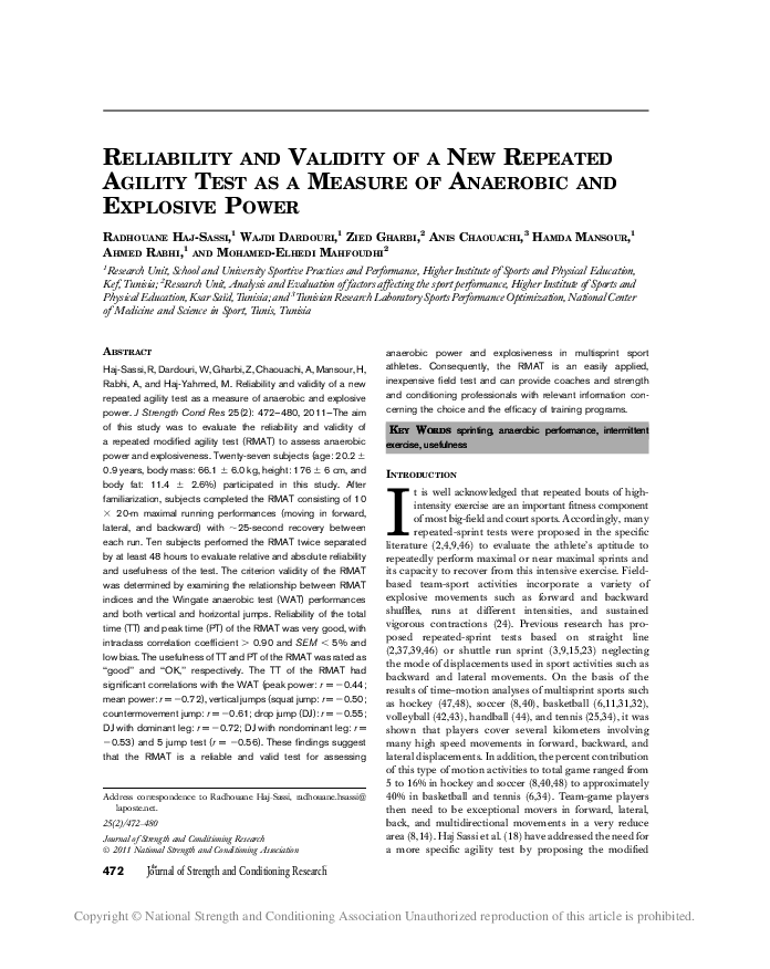 (PDF) Reliability and Validity of a New Repeated Agility Test as a ...