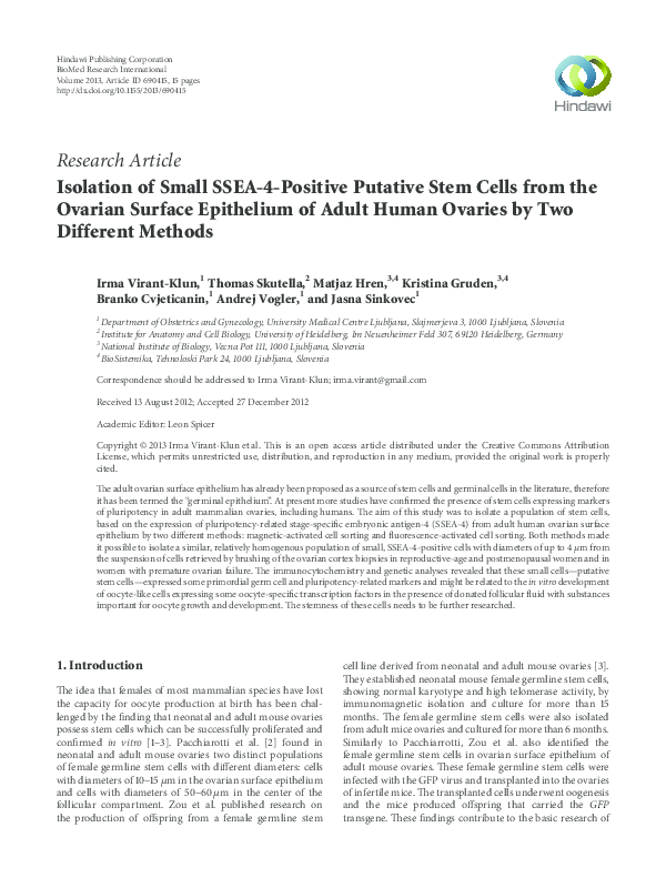 (PDF) Isolation of small SSEA-4-positive putative stem cells from the ...