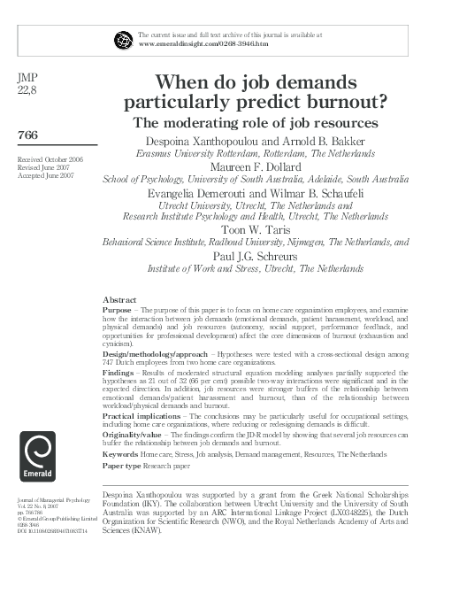 (PDF) Different combinations of job demands and resources predict burnout
