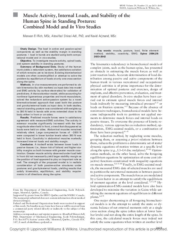 (PDF) Muscle Activity, Internal Loads, and Stability of the Human Spine ...