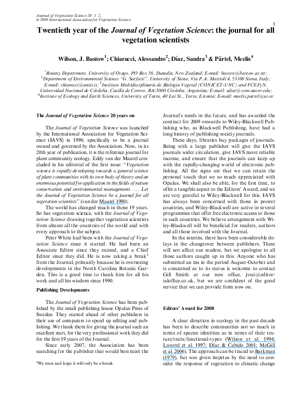 Twentieth year of the Journal of Vegetation Science : the journal for all vegetation scientists