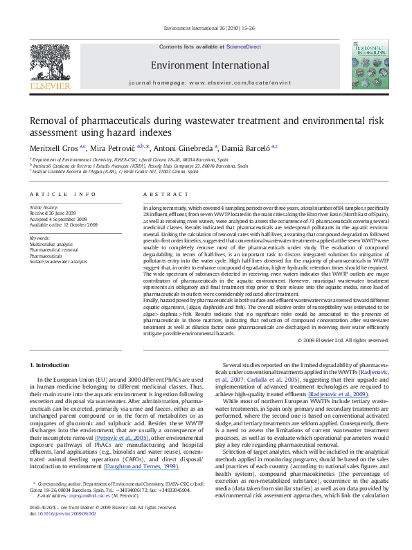 (PDF) Removal of pharmaceuticals during wastewater treatment and ...