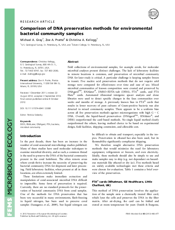 (PDF) Comparison of DNA preservation methods for environmental ...