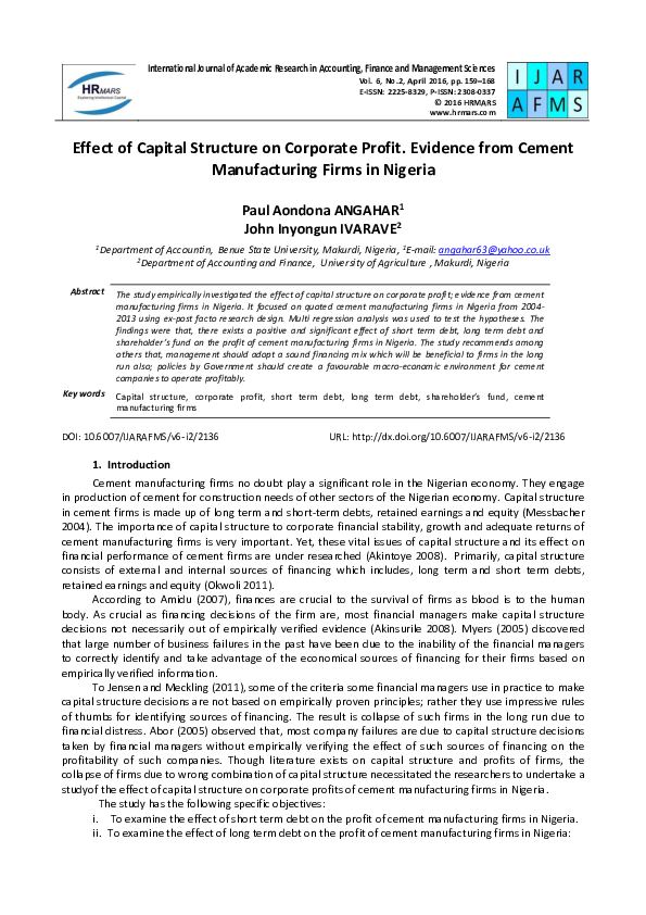 (PDF) Effect of Capital Structure on Corporate Profit. Evidence from ...