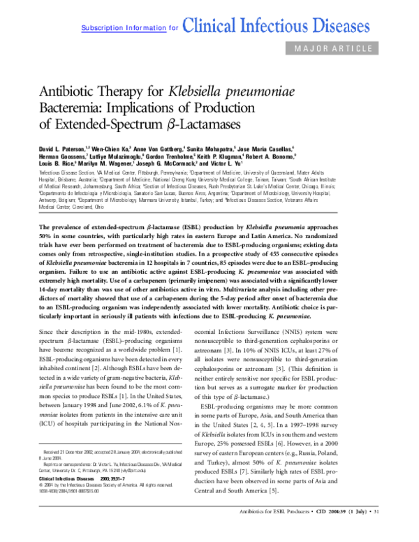 (PDF) Antibiotic Therapy for Klebsiella pneumoniae Bacteremia