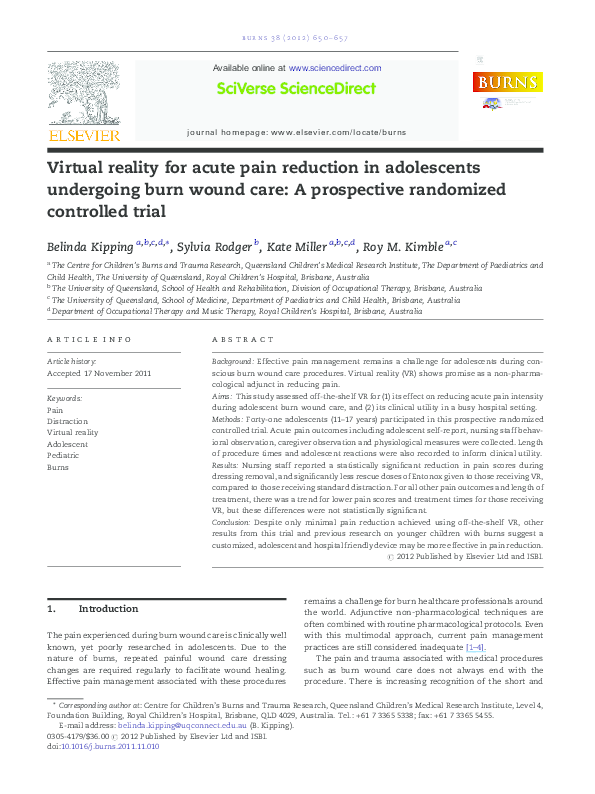 (PDF) Virtual reality for acute pain reduction in adolescents