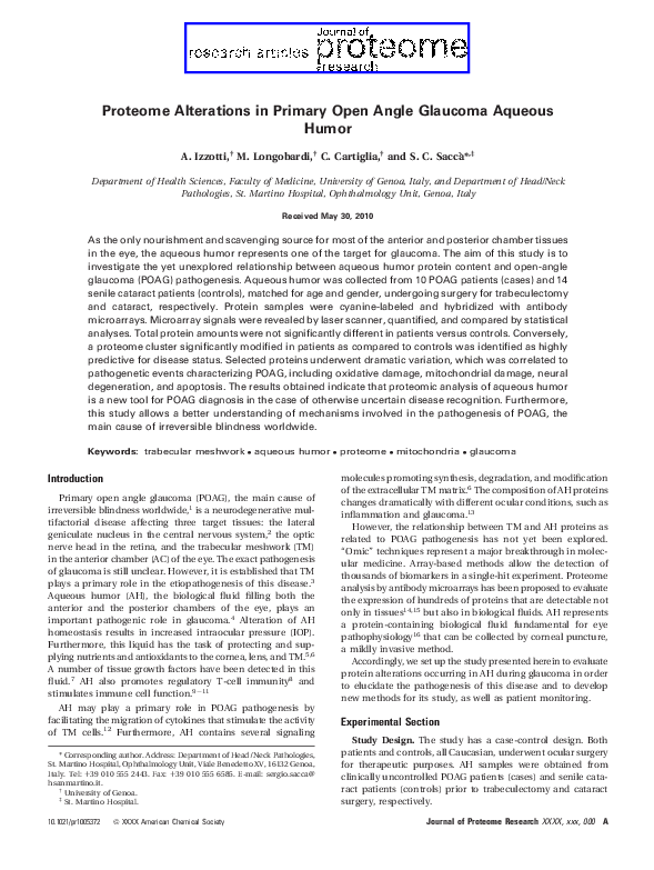 (PDF) Proteome Alterations in Primary Open Angle Glaucoma Aqueous Humor