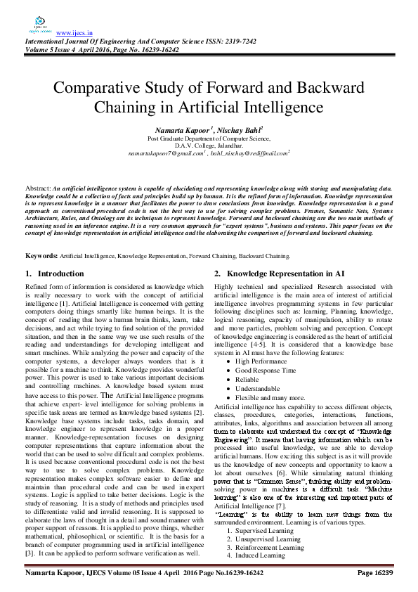 (PDF) Comparative Study of Forward and Backward Chaining in Artificial ...