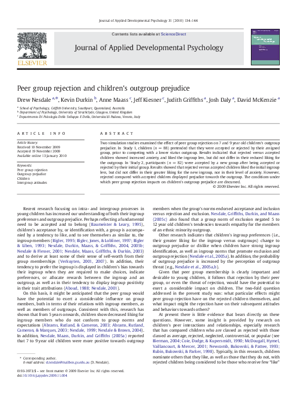 (PDF) Peer group rejection and children's outgroup prejudice
