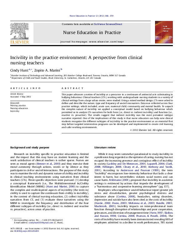 (PDF) Incivility in the practice environment: A perspective from ...
