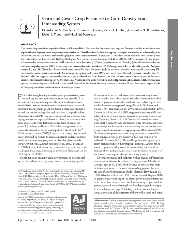 (PDF) Corn and Cover Crop Response to Corn Density in an Interseeding ...