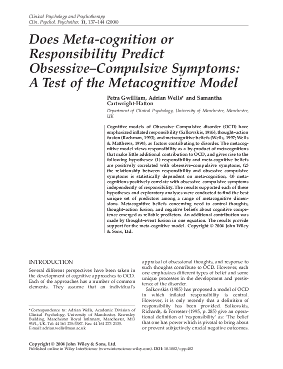(PDF) Dose meta‐cognition or responsibility predict obsessive ...