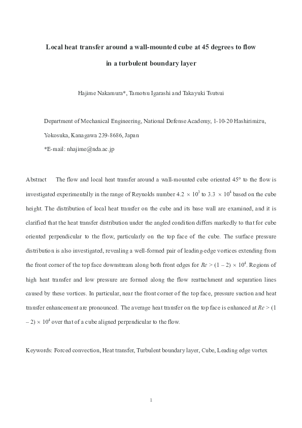 (PDF) Local heat transfer around a wall-mounted cube at 45° to flow in ...