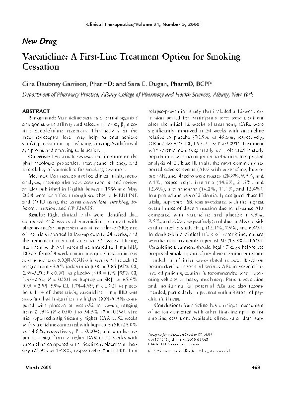 (PDF) Varenicline A firstline treatment option for smoking cessation