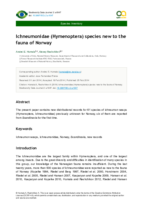 (PDF) Ichneumonidae (Hymenoptera) species new to the fauna of Norway