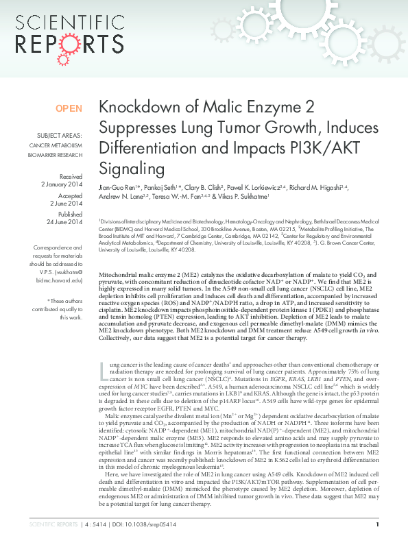 (PDF) Knockdown of Malic Enzyme 2 Suppresses Lung Tumor Growth, Induces ...