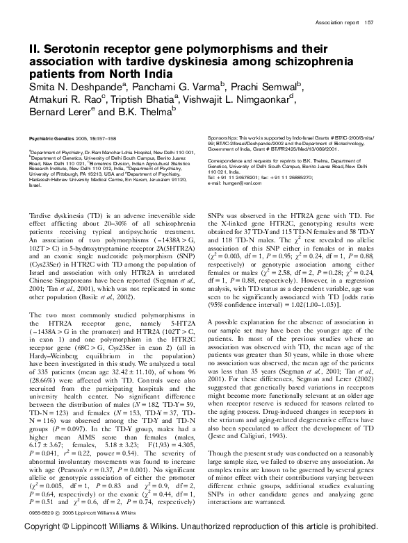 (PDF) II. Serotonin receptor gene polymorphisms and their association ...