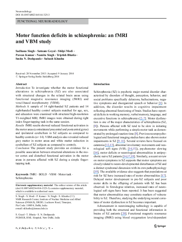 (PDF) Motor function deficits in schizophrenia an fMRI and VBM study