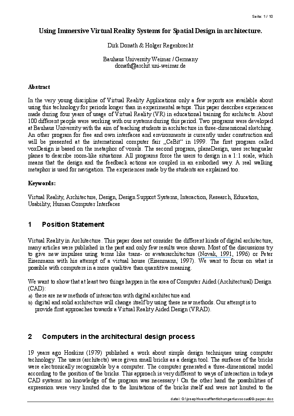 (PDF) Using immersive Virtual Reality systems for spatial design in