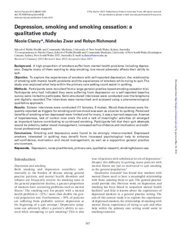 (PDF) Depression, smoking and smoking cessation a qualitative study