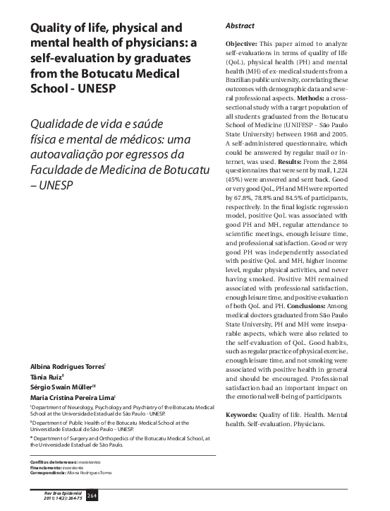 (PDF) Quality of life, physical and mental health of physicians: a self ...