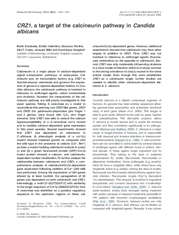 (PDF) CRZ1, a target of the calcineurin pathway in Candida albicans
