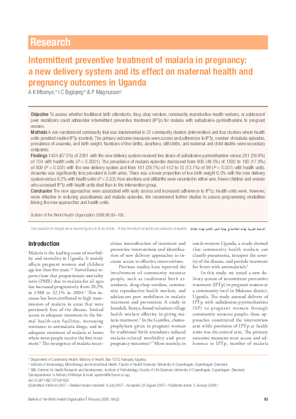 (PDF) Intermittent preventive treatment of malaria in pregnancy (IPTp ...